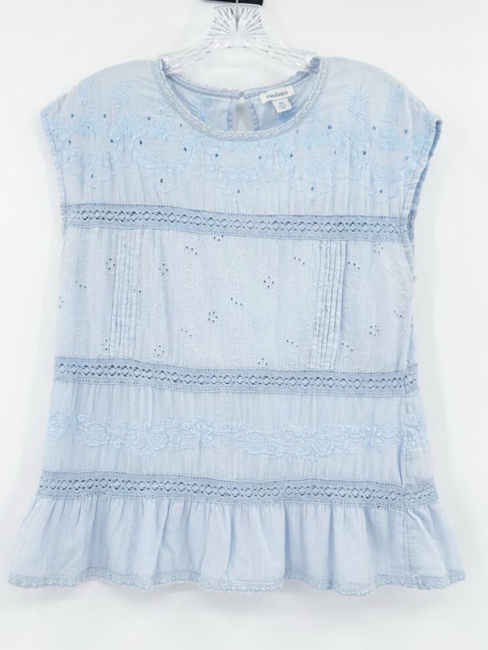 Sundance Boho Light Blue Eyelet Lace Cotton Peplum Top Coquette Womens Size XS